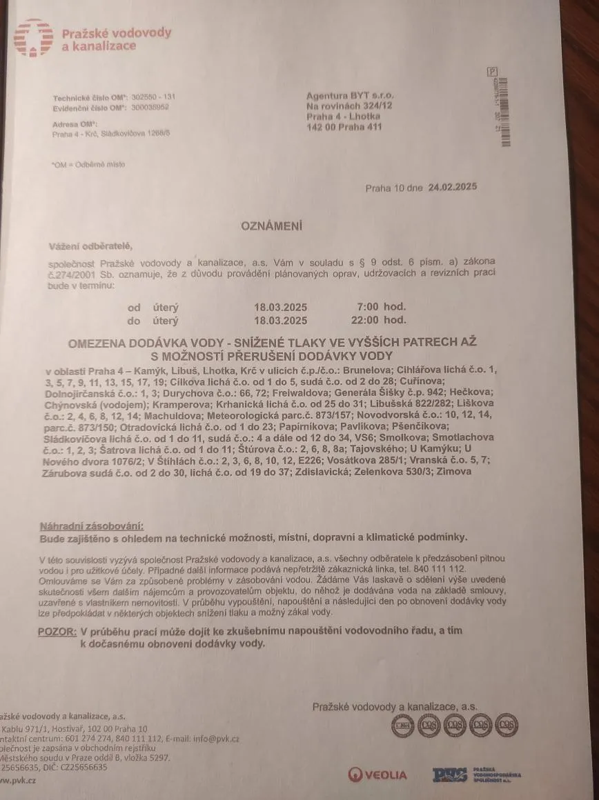 Omezení dodávky studené vody 18.3.2025